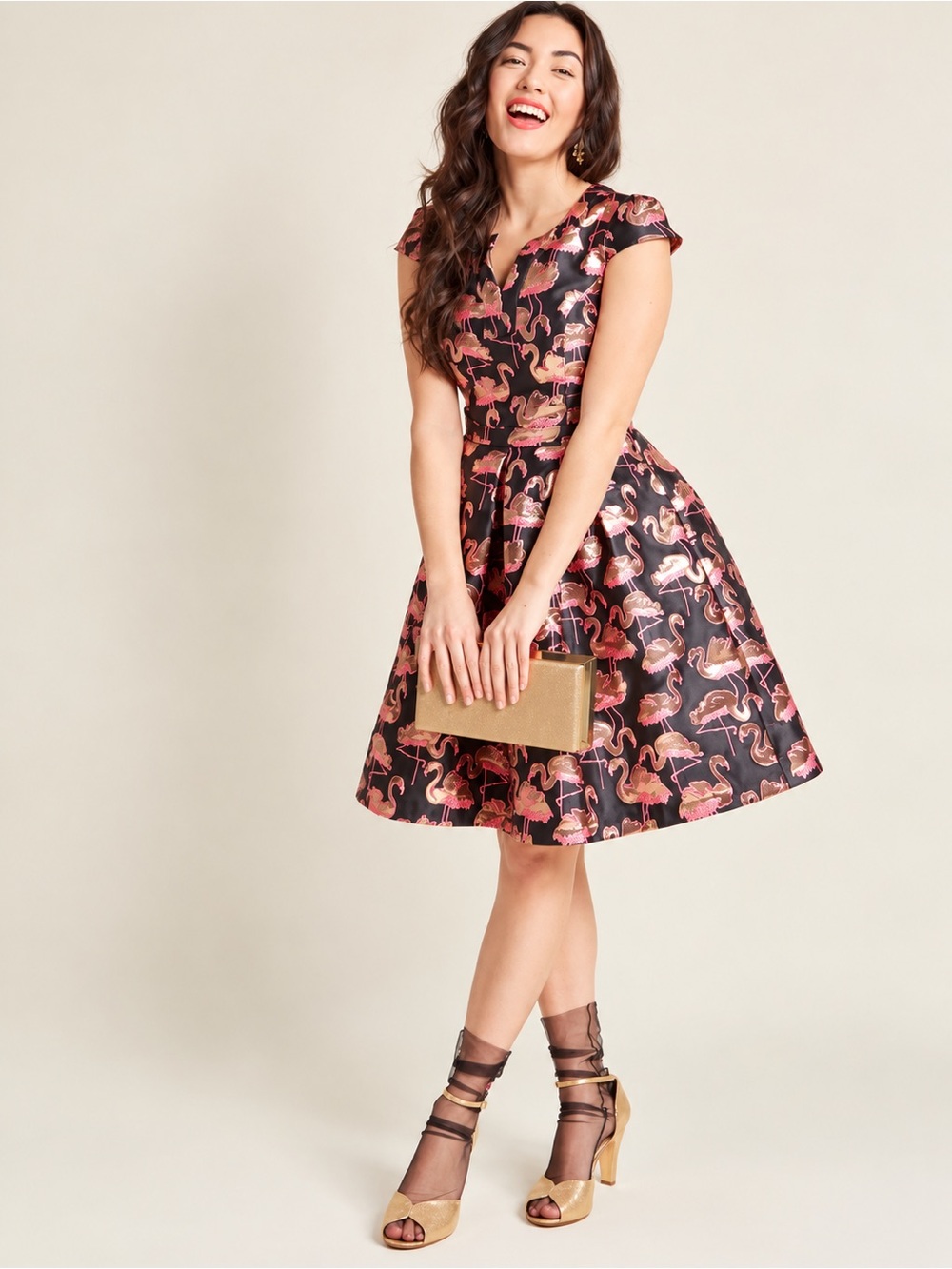 ModCloth Metallic Flamingo Jacquard Fit & Flare Dress XL